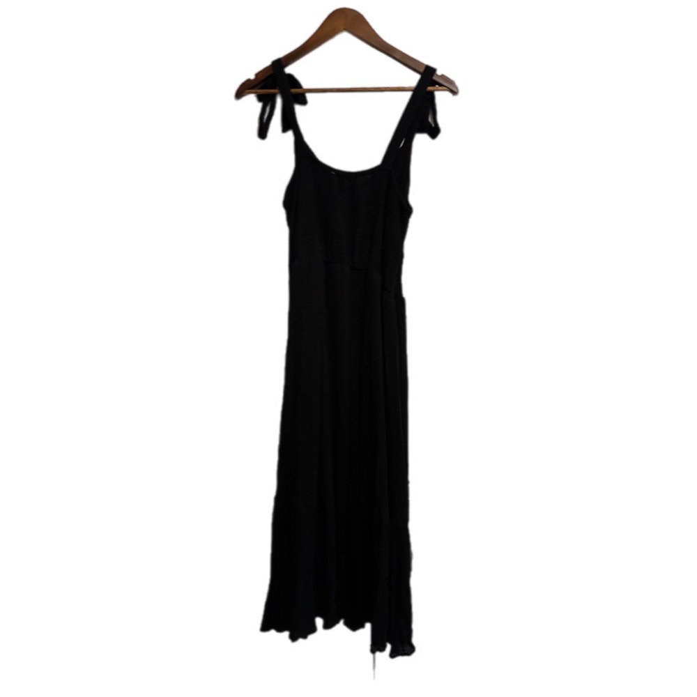 Single Thread Midi Dress Womens Medium Black Excellent Tie Shoulder Gauze Tiered